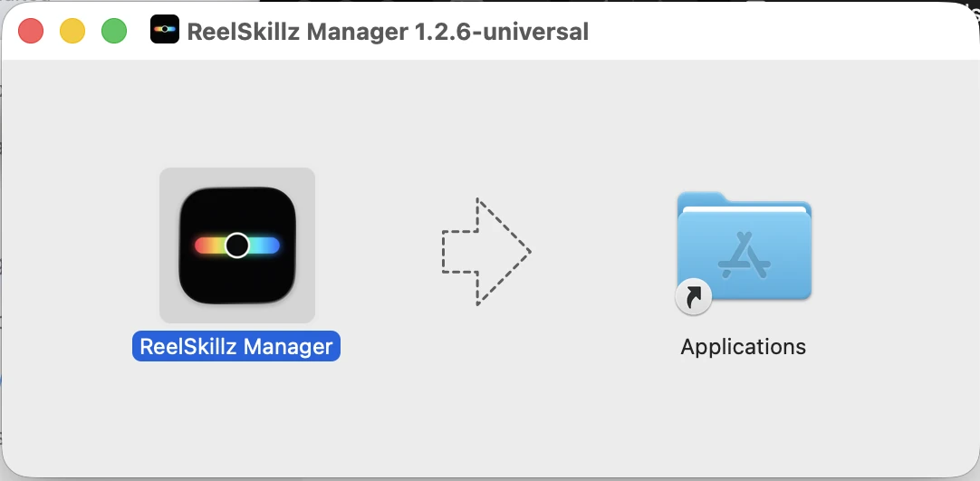 The ReelSkillz Manager disk image window, with the app icon on the left and the Applications folder on the right