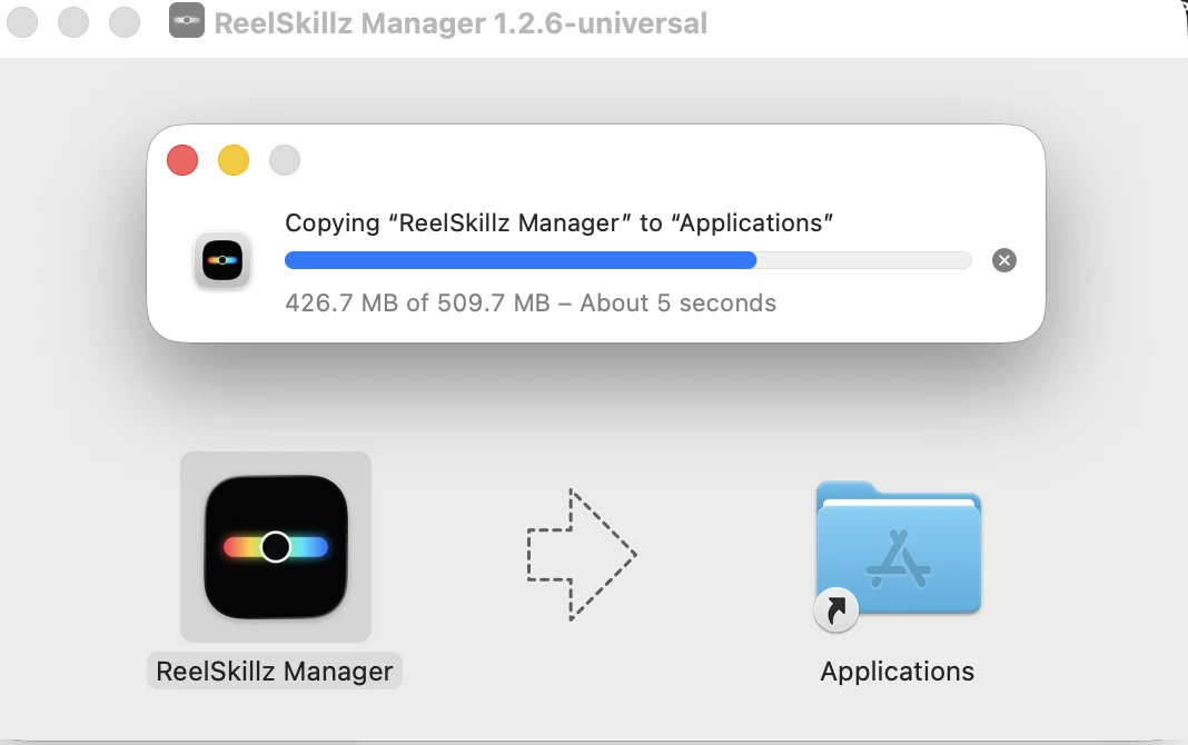 macOS copy progress sheet showing ReelSkillz Manager being copied to Applications