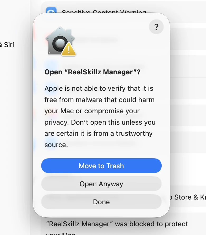macOS confirmation dialog Open ReelSkillz Manager, with Move to Trash, Open Anyway and Done buttons