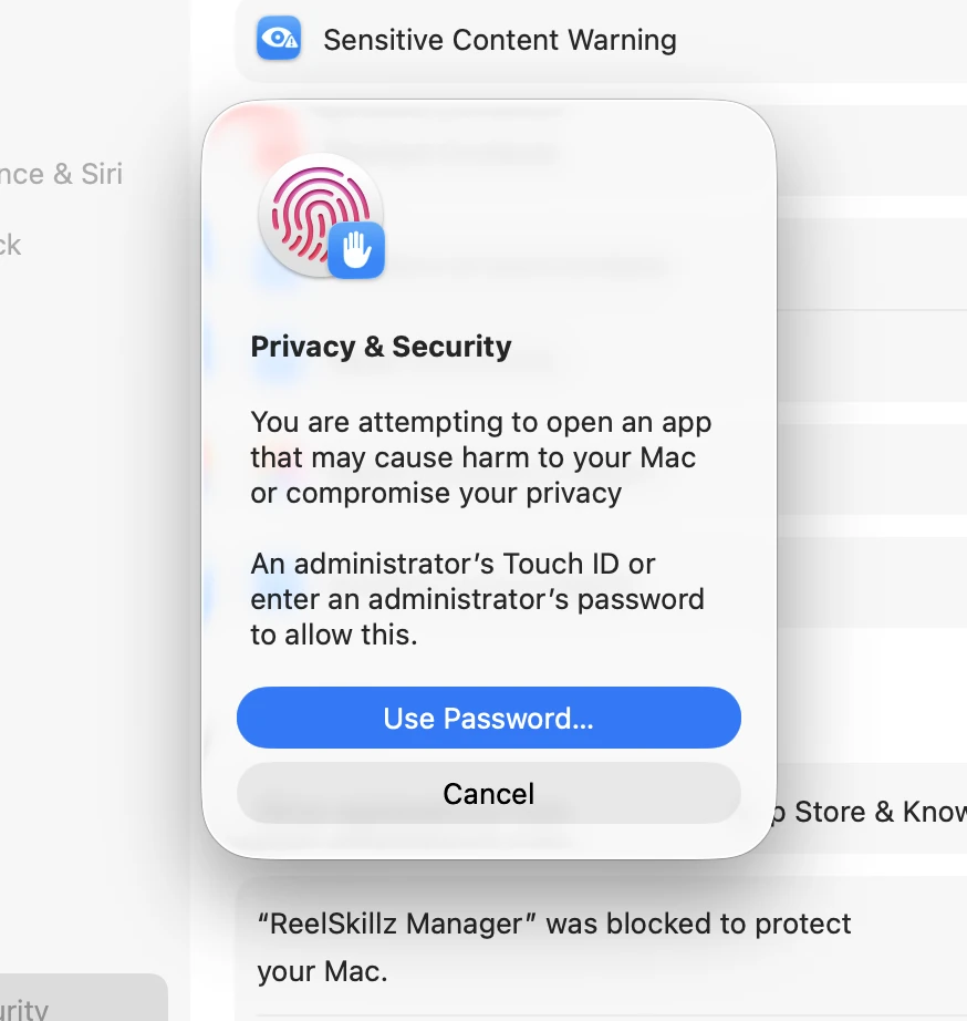 macOS Touch ID authentication prompt for opening ReelSkillz Manager