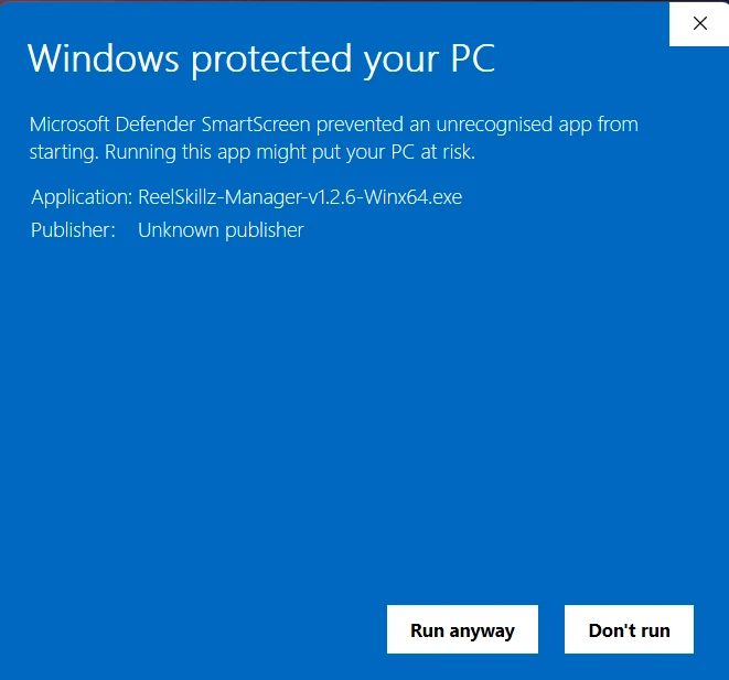 Windows SmartScreen dialog expanded after clicking More info, now showing a Run anyway button