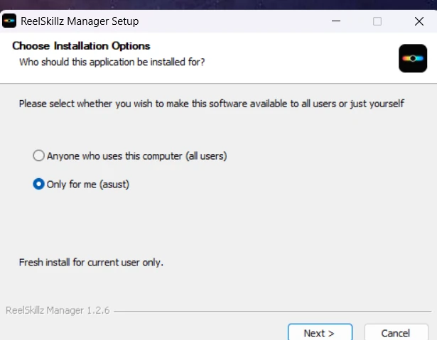 ReelSkillz Manager Setup, Choose Installation Options screen with Only for me selected
