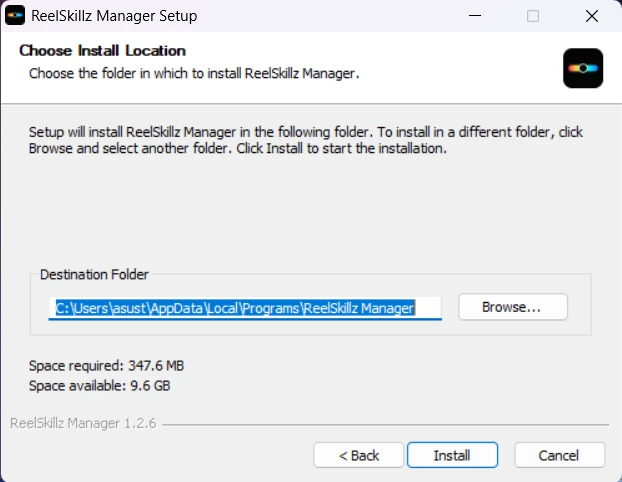 ReelSkillz Manager Setup, Choose Install Location screen showing the default destination folder