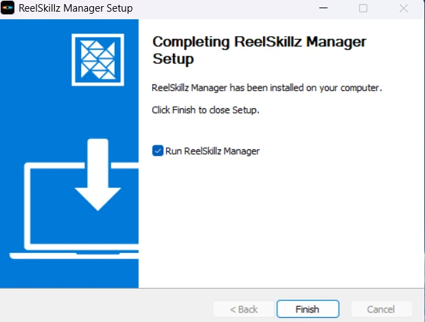 Completing ReelSkillz Manager Setup screen with Run ReelSkillz Manager ticked and a Finish button