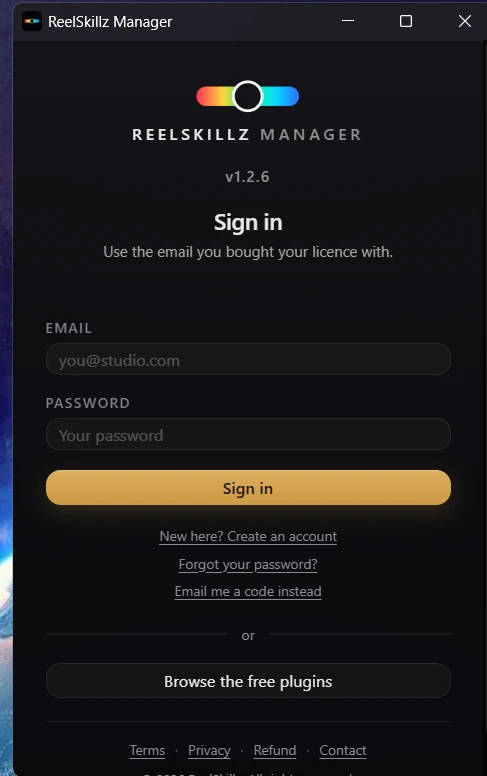 ReelSkillz Manager sign-in window with email and password fields