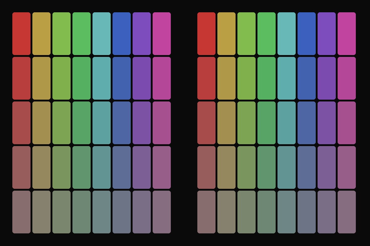 a hue and saturation mosaic, Bleach Bypass 0 → 1, rendered by the plugin engine
