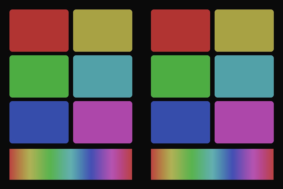 six hue blocks, Red Density 0 &rarr; +0.7, rendered by the plugin engine