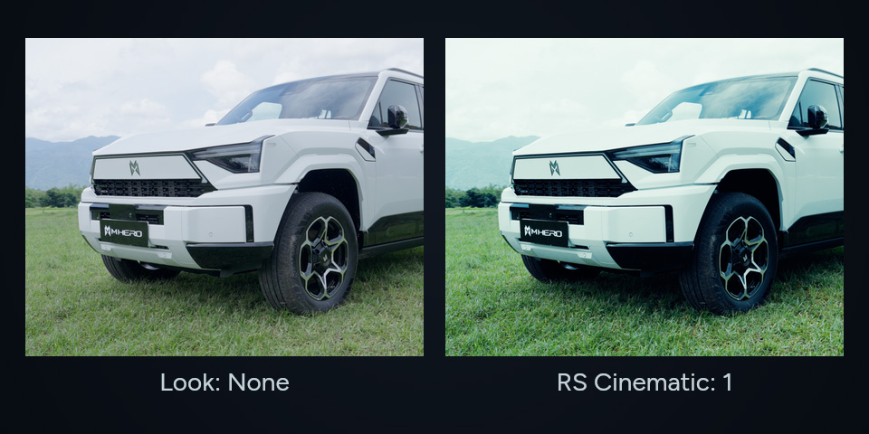 Matched car footage crops with native Film Look None and RS Cinematic at strength 1.
