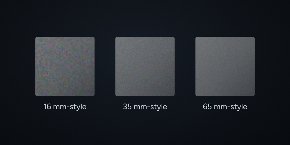 Three aligned tonal fields showing procedural grain from Film Pro's 16, 35 and 65 mm-style settings.