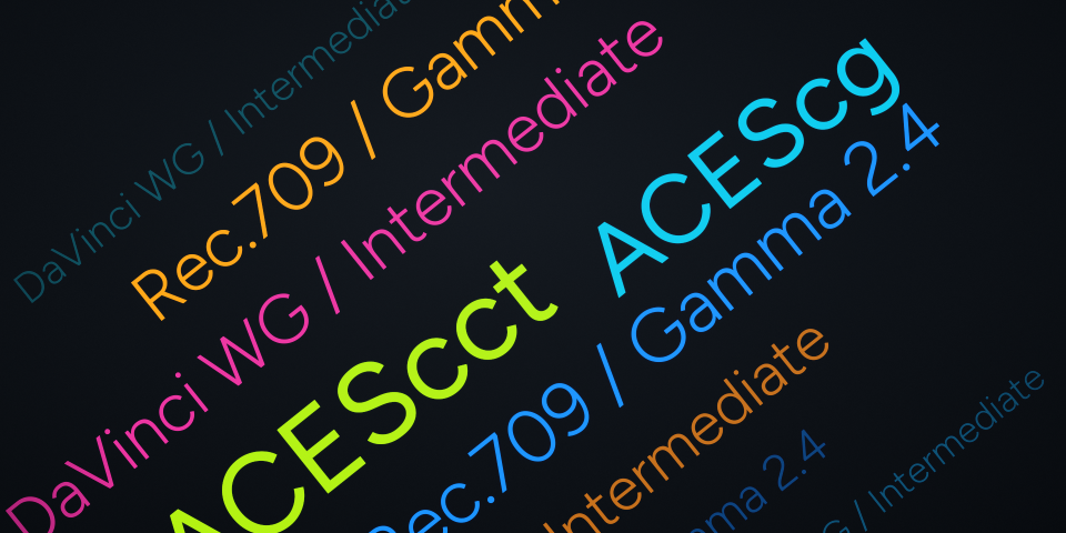 Colourful diagonal typography naming the four supported Film Pro working spaces.