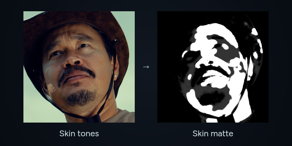 A close-up of the man from the supplied footage beside the actual black-and-white skin-colour matte from ReelSkillz Skin.