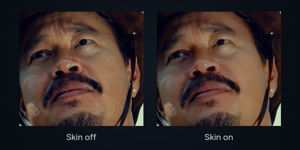 Matched close-ups of the same face with Skin off and on, using strong native Retouch and Skin Soften settings.